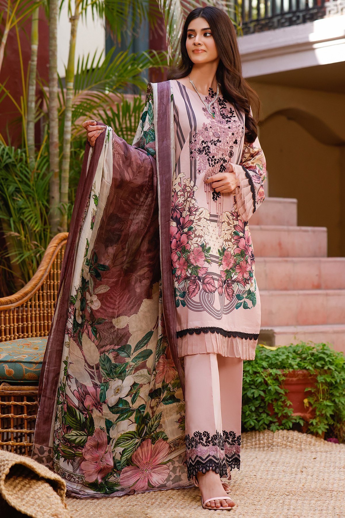 Printed Lawn and dyed cotton suit