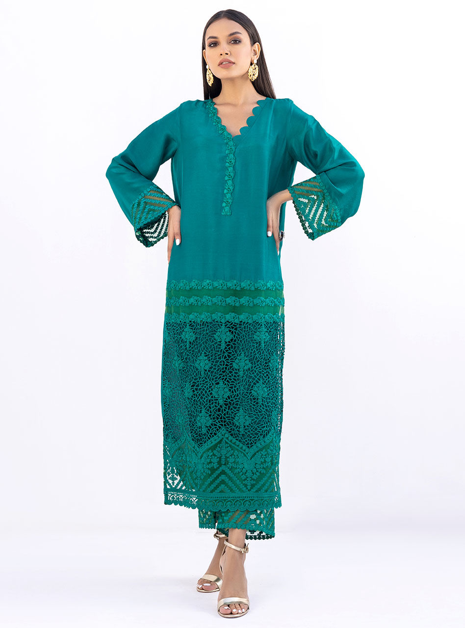 Cutwork Embroidery Shadow Green Lawn Suit
