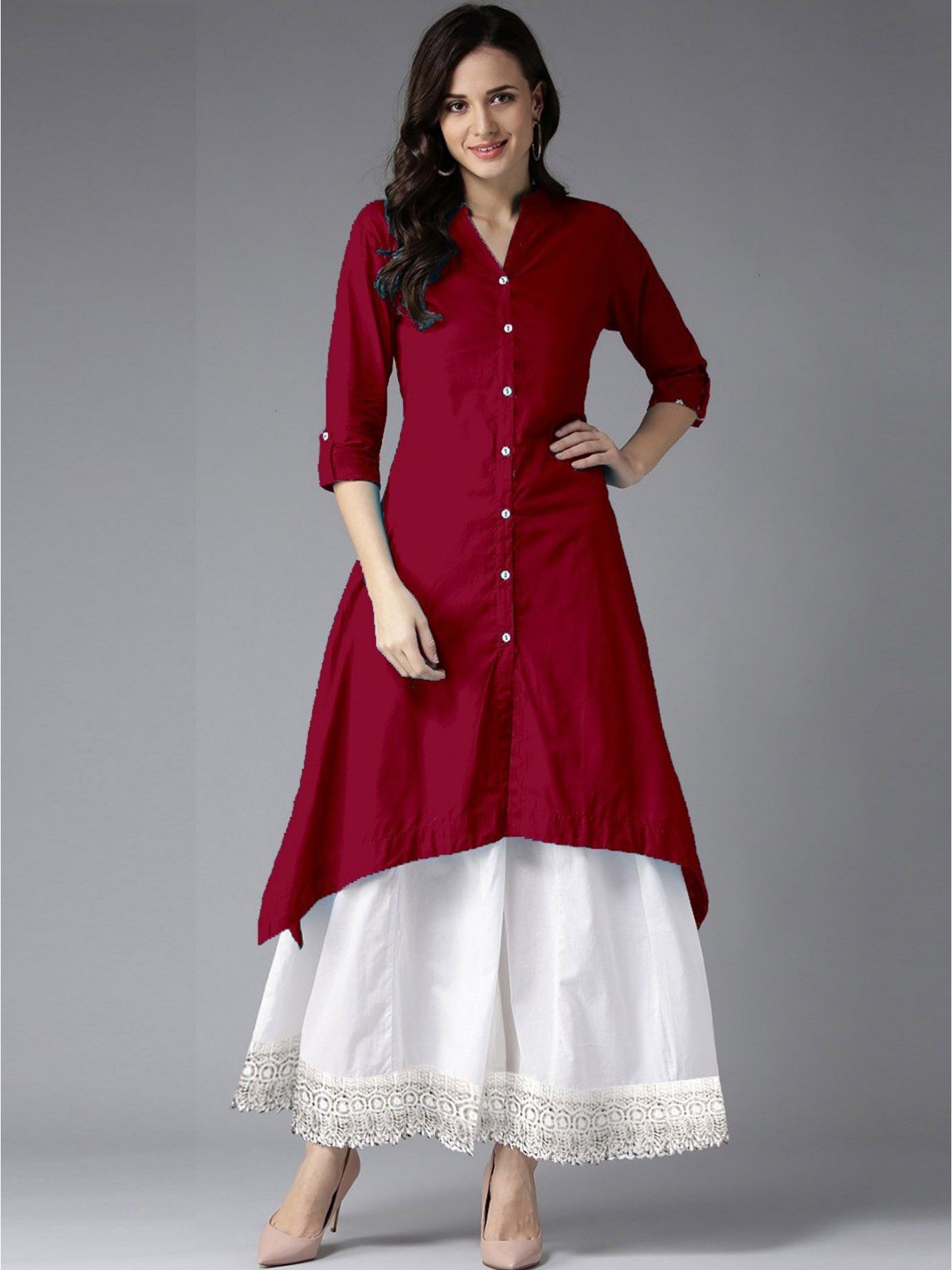 Red Kurti With Embroidered Palazzo For Girls
